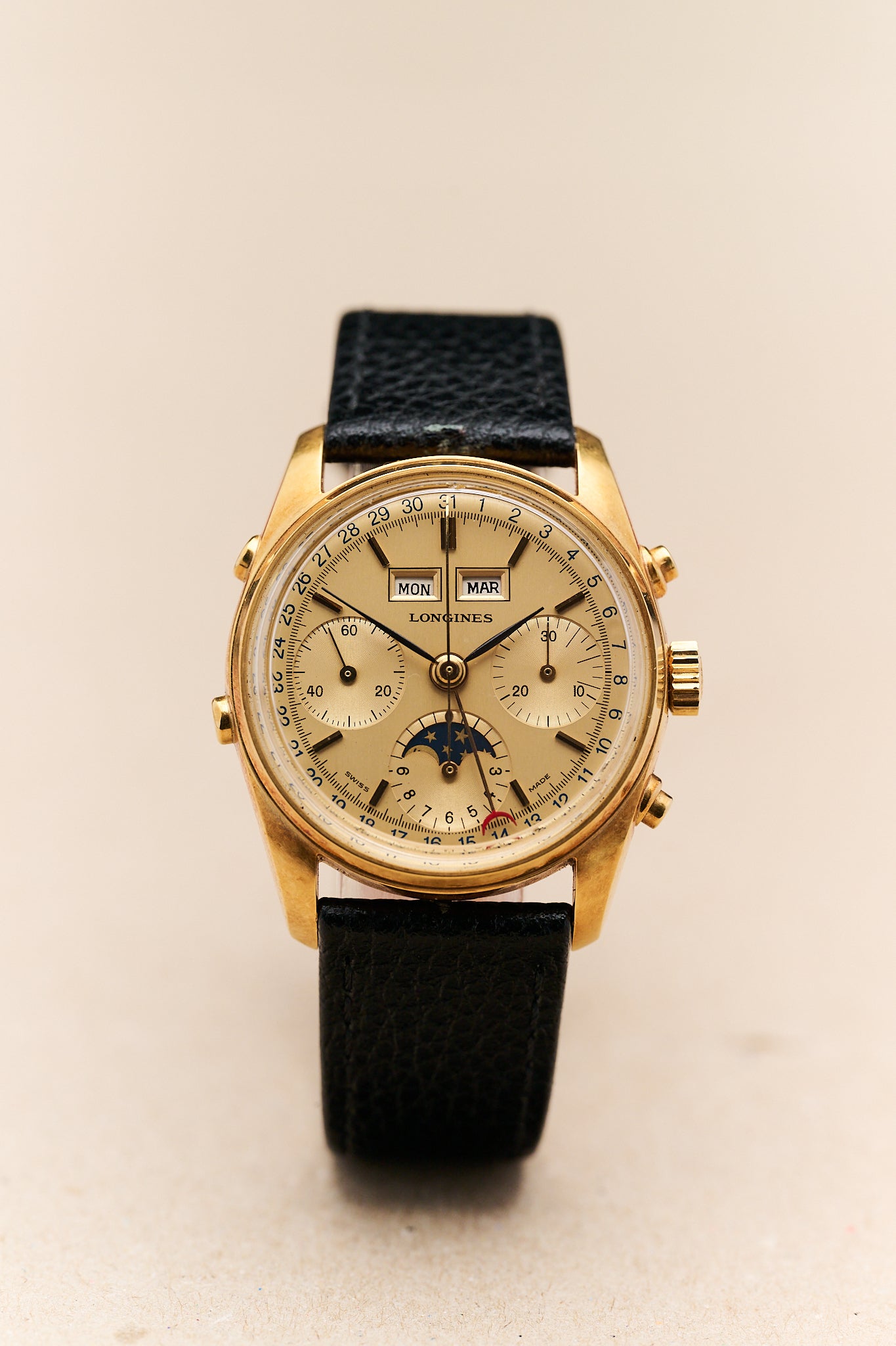 LONGINES 18K YELLOW GOLD TRIPLE CALENDAR MOONPHASE CHRONOGRAPH