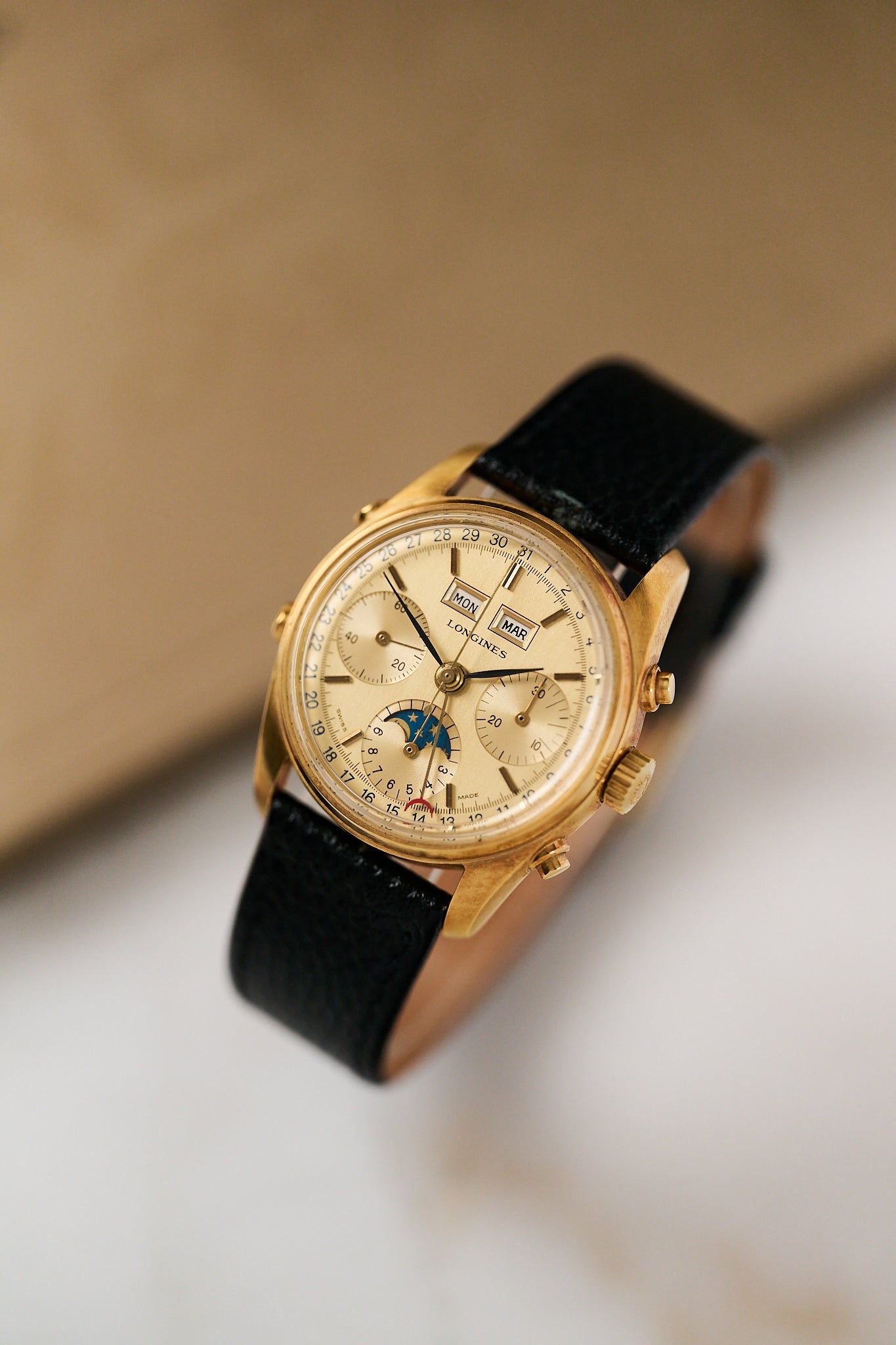 LONGINES 18K YELLOW GOLD TRIPLE CALENDAR MOONPHASE CHRONOGRAPH