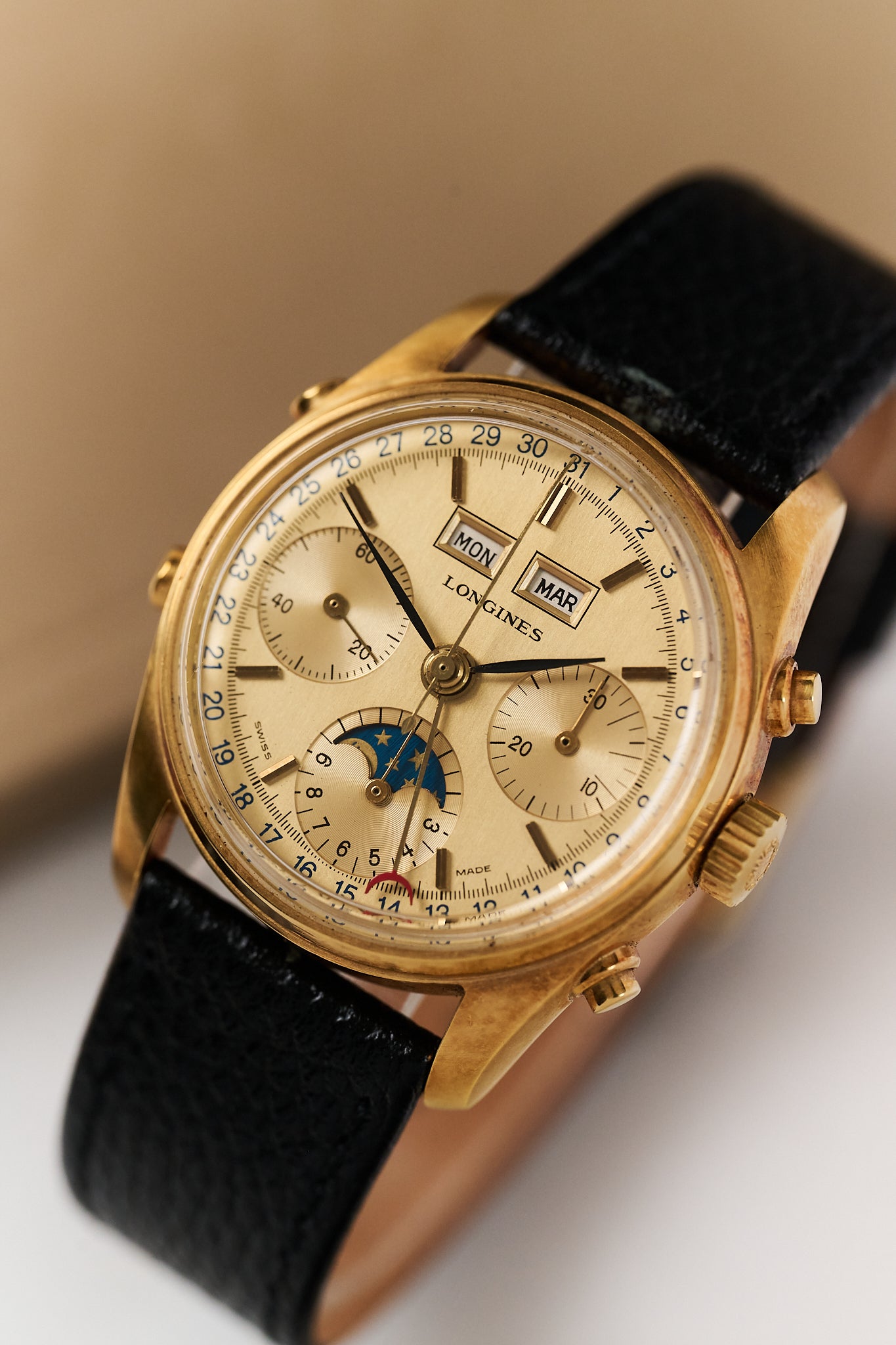 LONGINES 18K YELLOW GOLD TRIPLE CALENDAR MOONPHASE CHRONOGRAPH