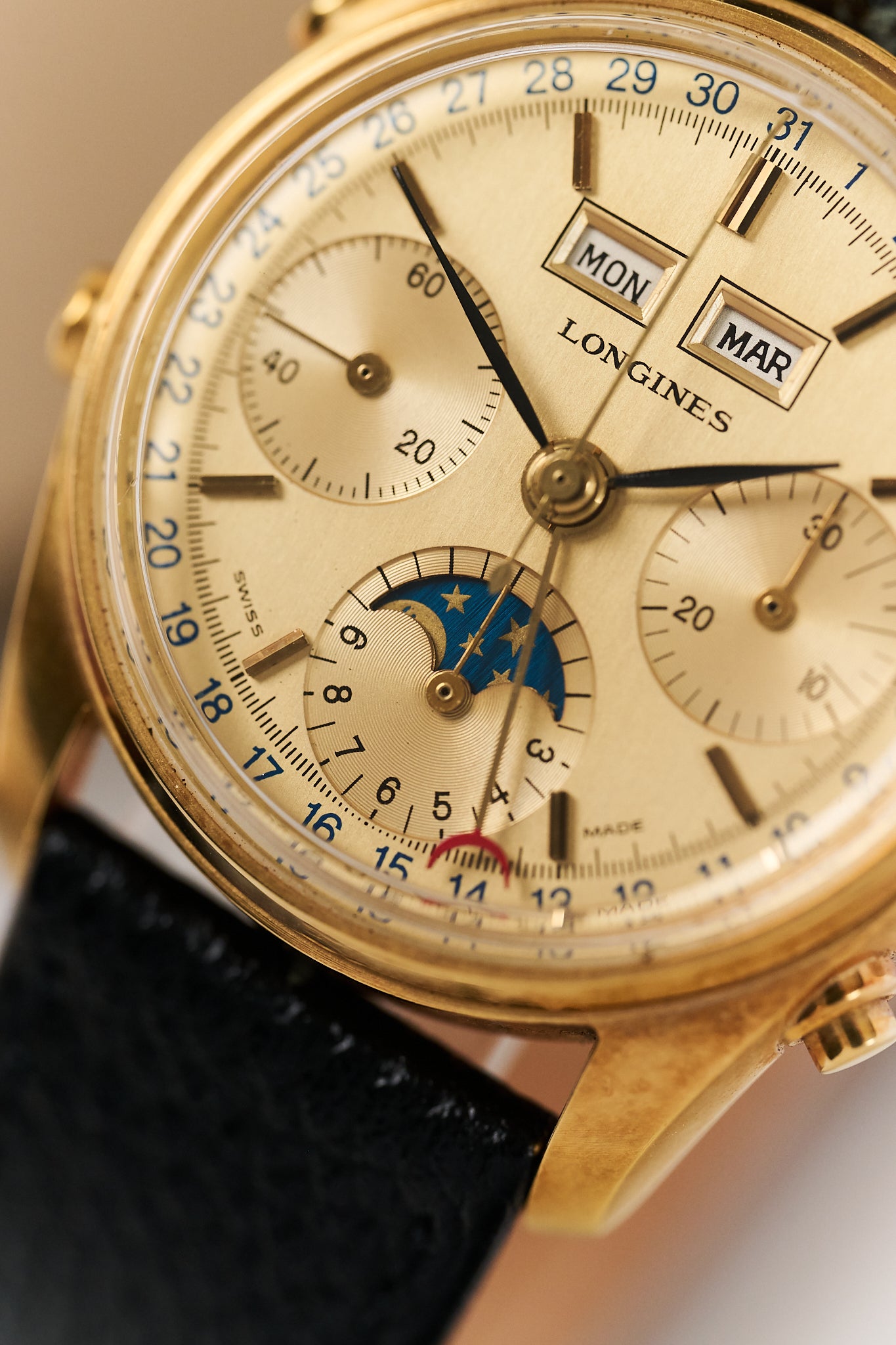 LONGINES 18K YELLOW GOLD TRIPLE CALENDAR MOONPHASE CHRONOGRAPH